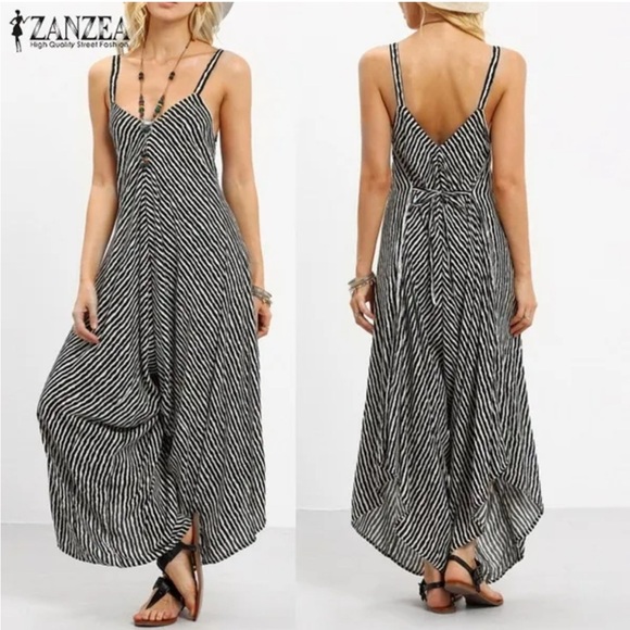 Zanzea Black & White Striped Loose Cropped Jumpsuit Size Medium - Picture 2 of 11